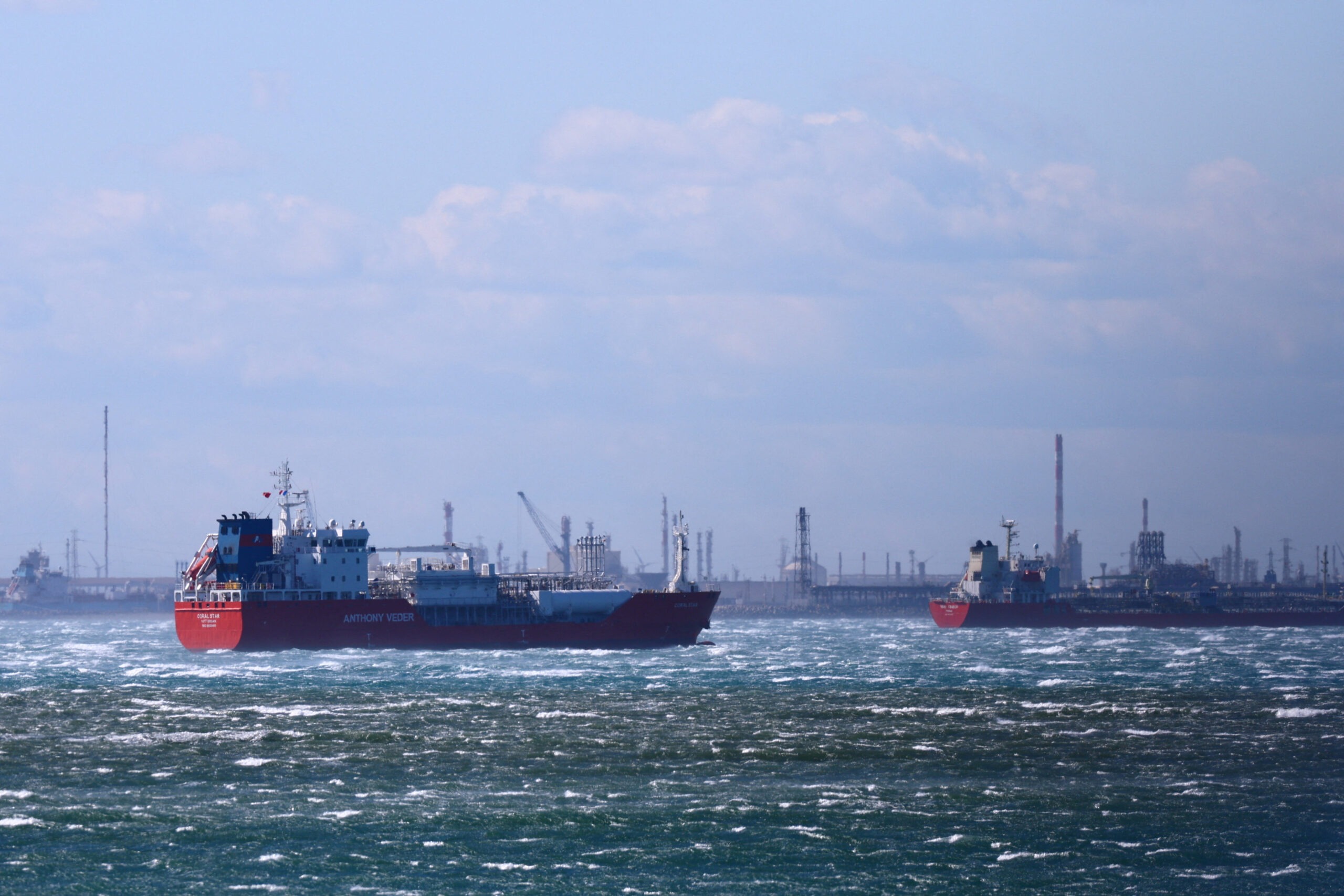 LPG, chemical and oil tankers are anchored off Fos-Lavera oil hub near Marseille